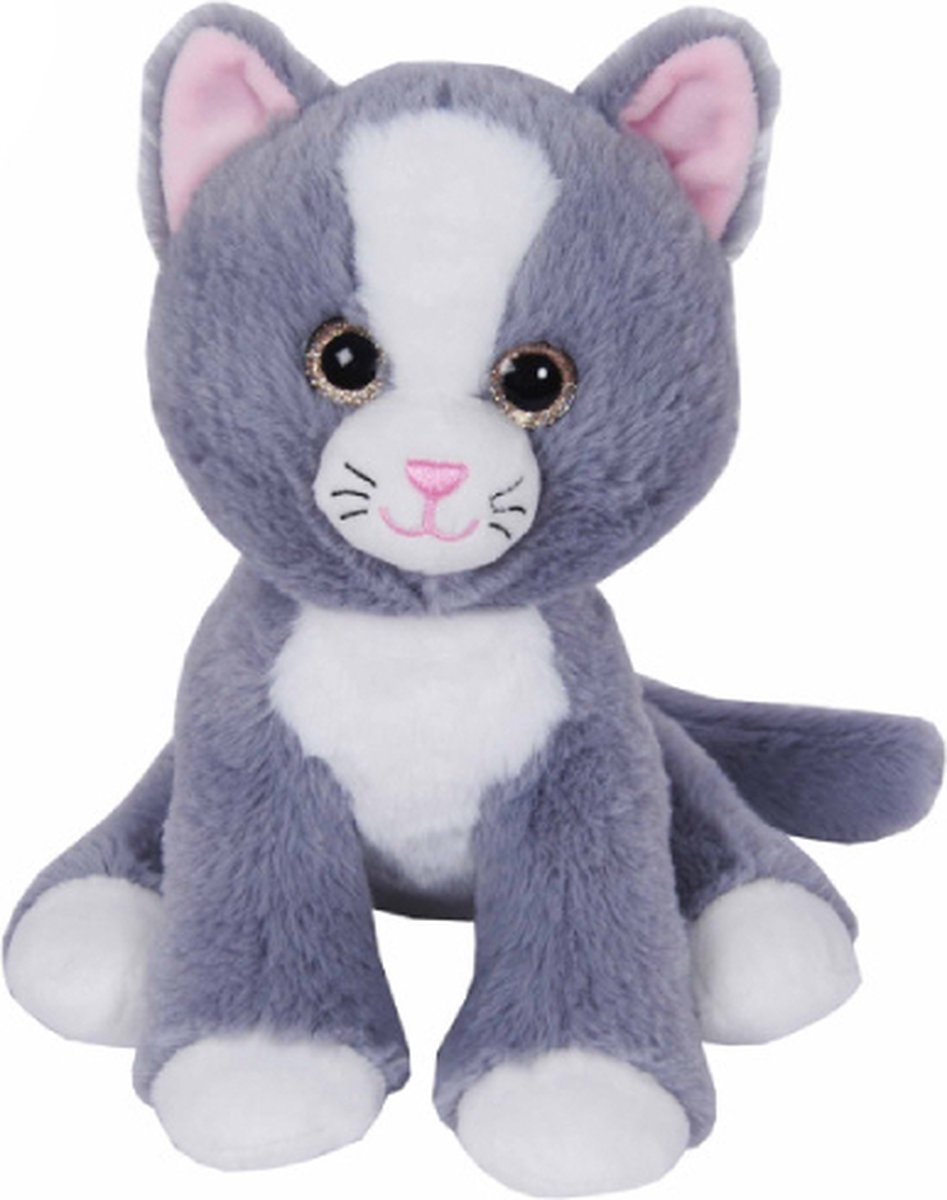 Kat (Grijs/Wit) Pluche Knuffel 25 cm {Dierentuin/Boerderij | Speelgoed Dieren Knuffeldier Knuffelbeest voor kinderen jongens meisjes | Cat Animal Plush Toy}